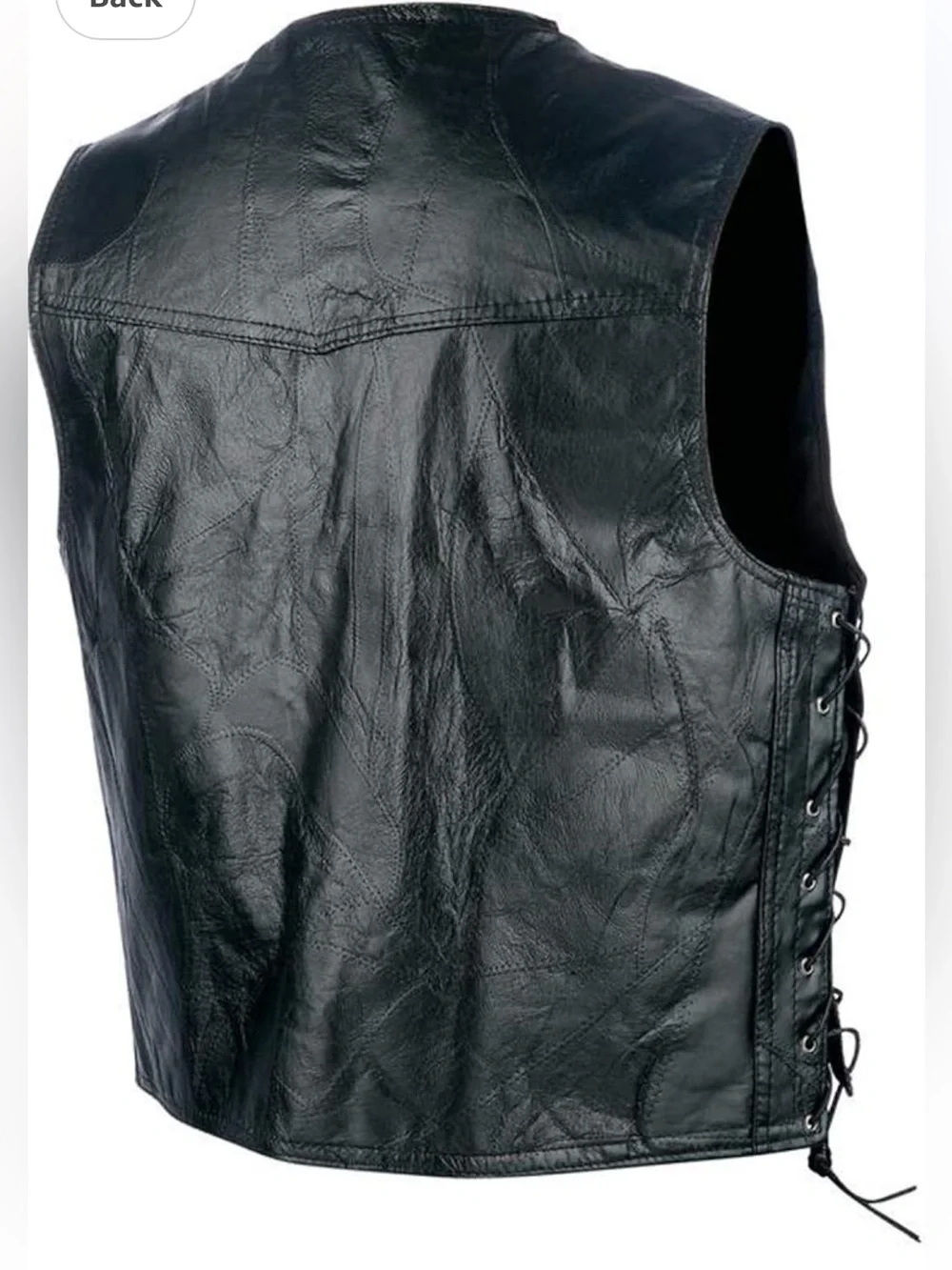 Rocky Ranch Hides Genuine Hog Leather Biker Vest featuring a patchwork design.